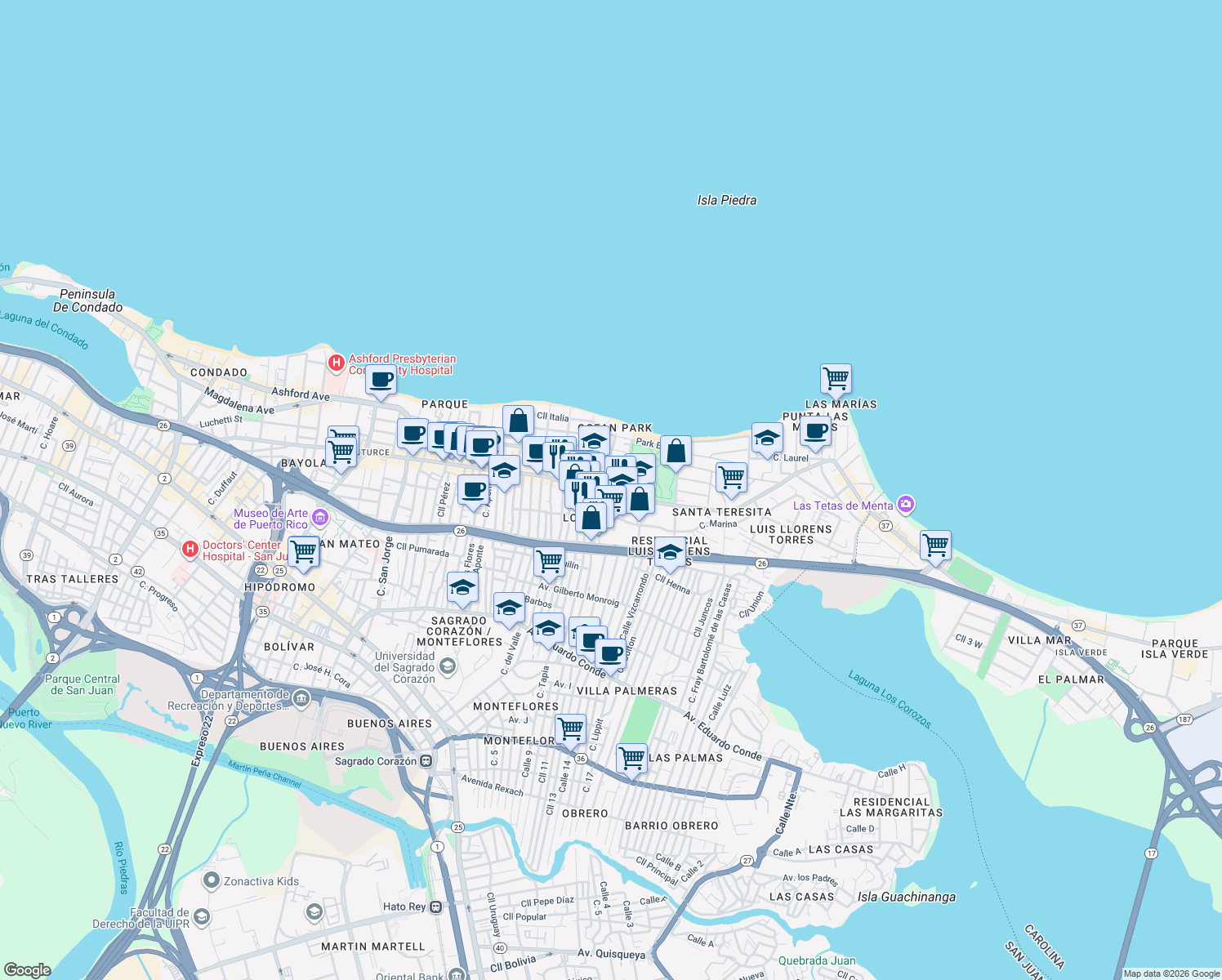 map of restaurants, bars, coffee shops, grocery stores, and more near Calle Corona in San Juan