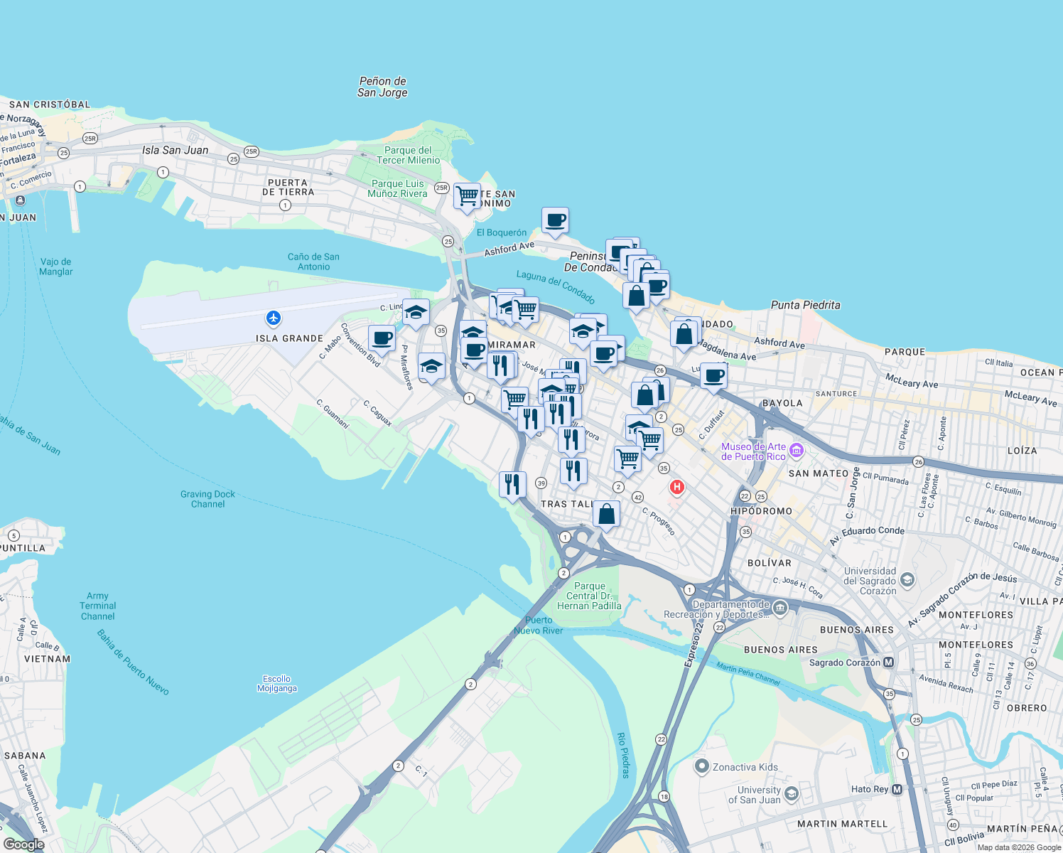 map of restaurants, bars, coffee shops, grocery stores, and more near in San Juan