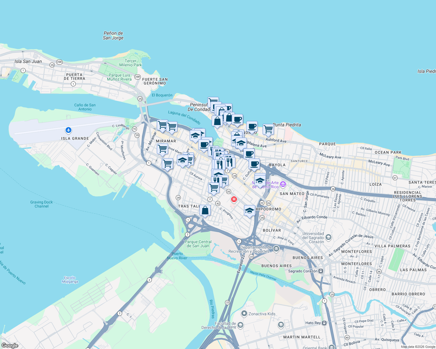 map of restaurants, bars, coffee shops, grocery stores, and more near 611 Calle Condado in San Juan