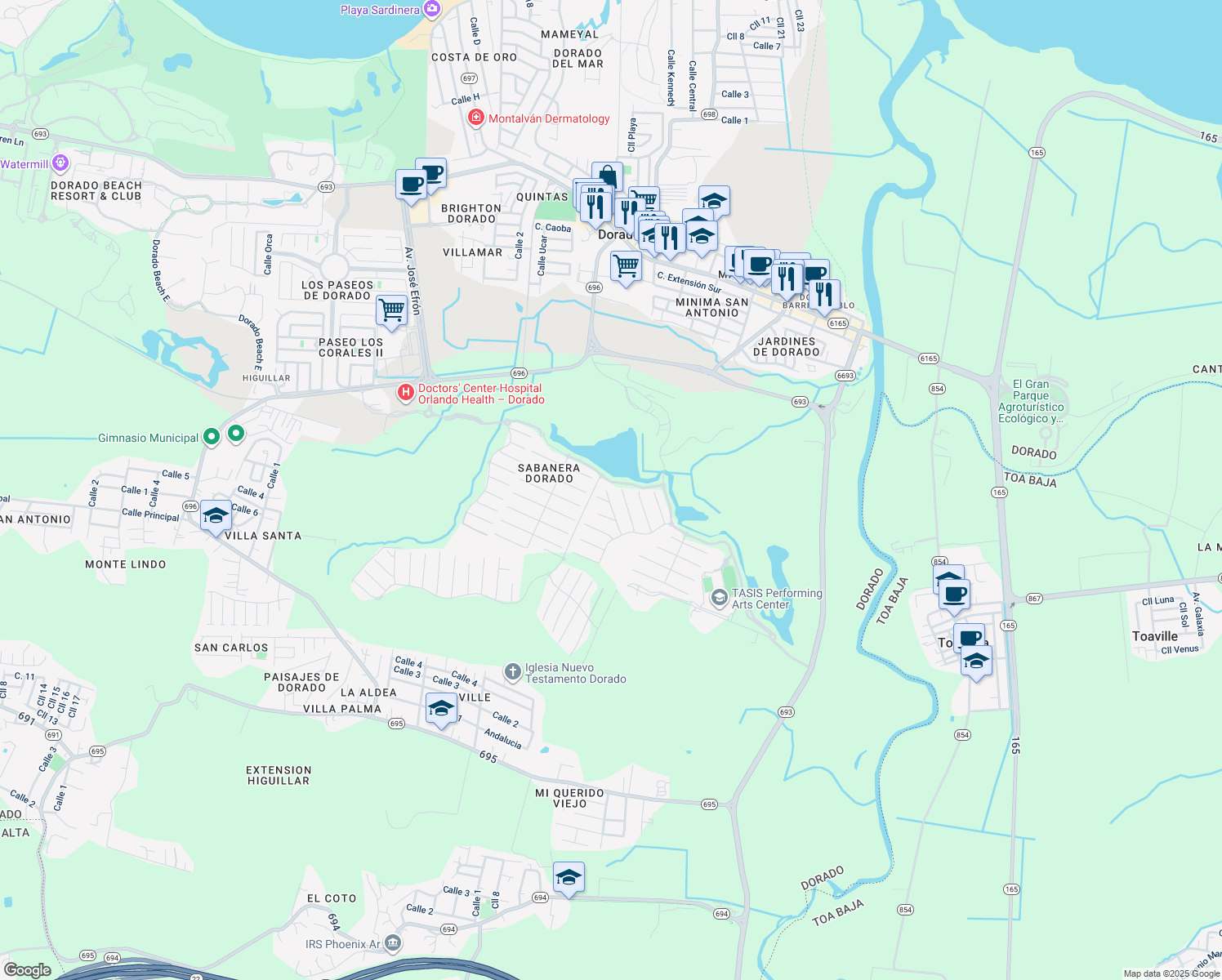 map of restaurants, bars, coffee shops, grocery stores, and more near 154 Camino de Los Juncos in Dorado
