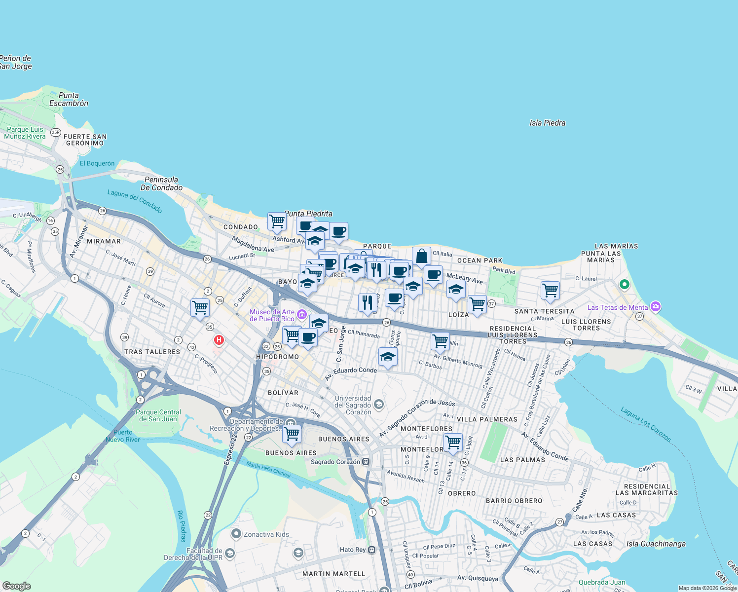 map of restaurants, bars, coffee shops, grocery stores, and more near in San Juan