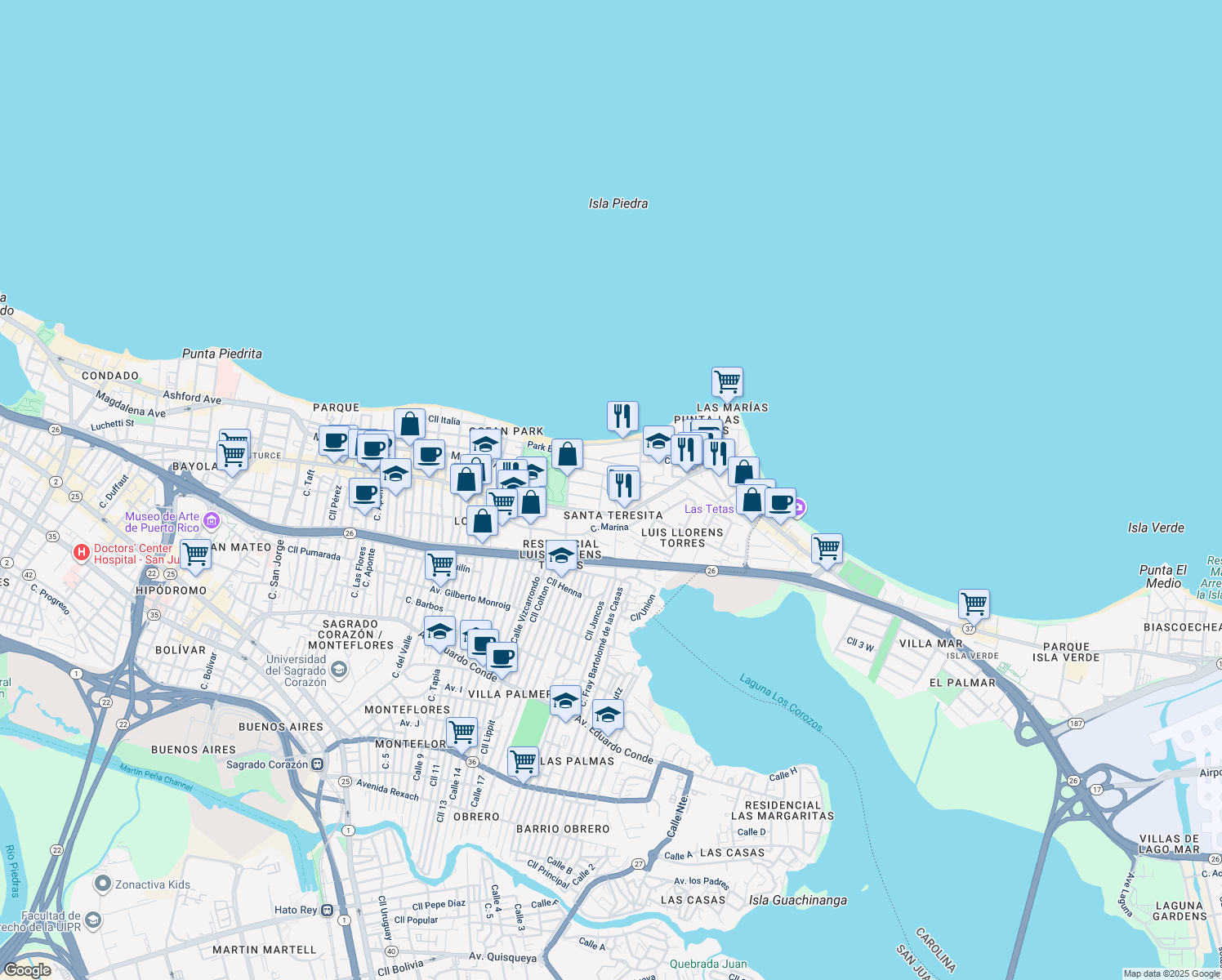map of restaurants, bars, coffee shops, grocery stores, and more near 2203-2219 Calle McLeary in San Juan