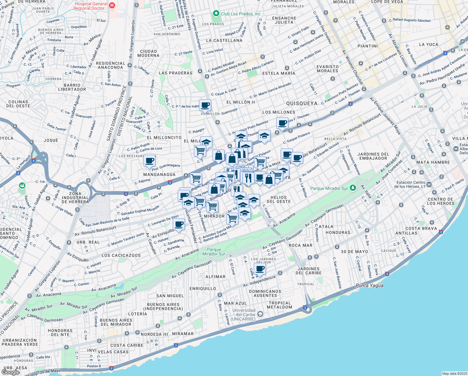 map of restaurants, bars, coffee shops, grocery stores, and more near Avenida Rómulo Betancourt in Santo Domingo