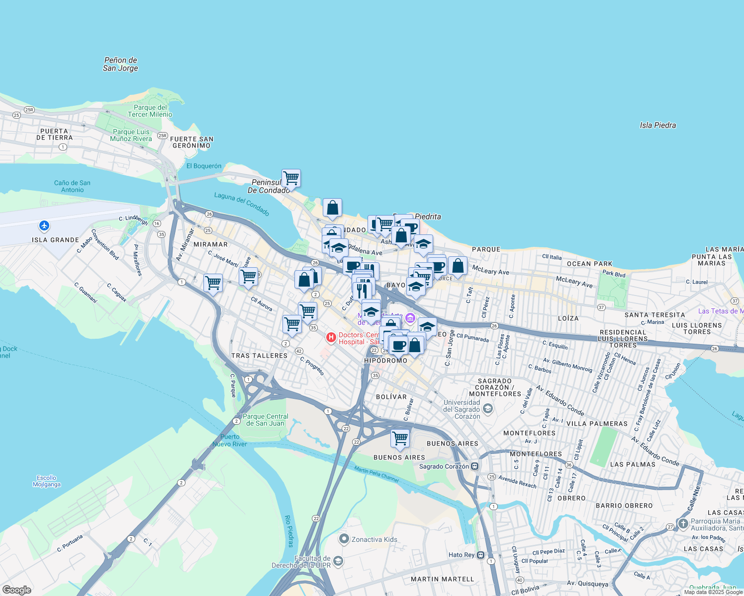 map of restaurants, bars, coffee shops, grocery stores, and more near 213 Calle Canals in San Juan