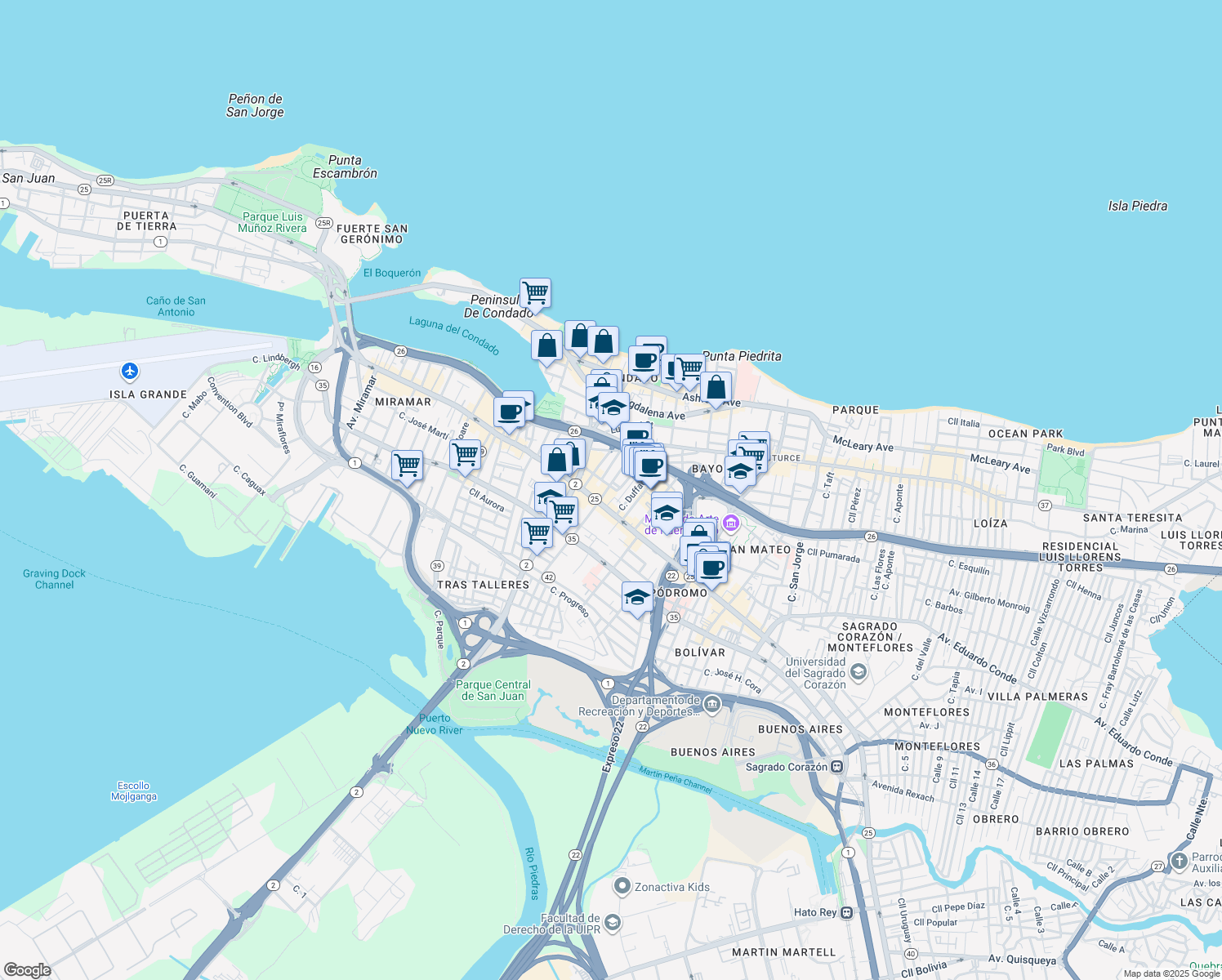 map of restaurants, bars, coffee shops, grocery stores, and more near 301-313 Calle Los Piños in San Juan