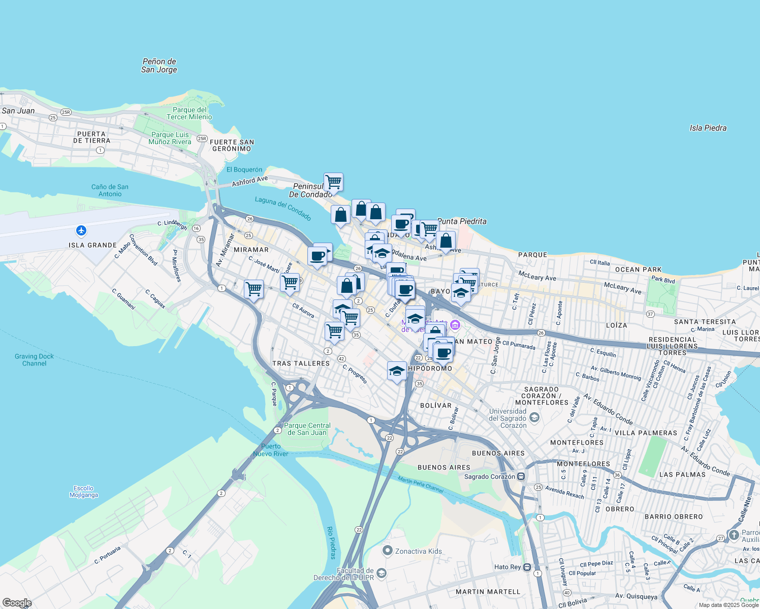 map of restaurants, bars, coffee shops, grocery stores, and more near 301-313 Calle Los Piños in San Juan