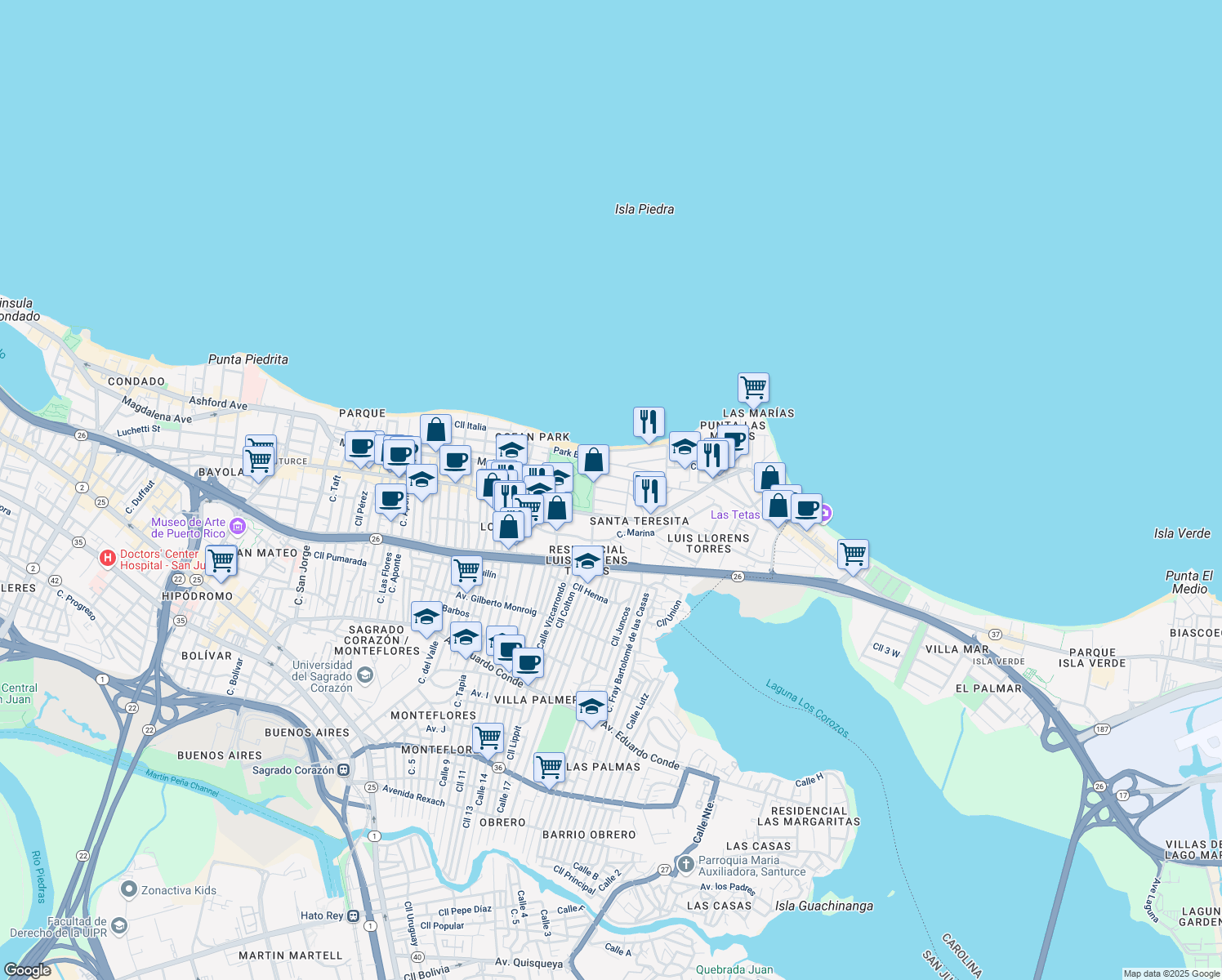 map of restaurants, bars, coffee shops, grocery stores, and more near 2160 Calle McLeary in San Juan