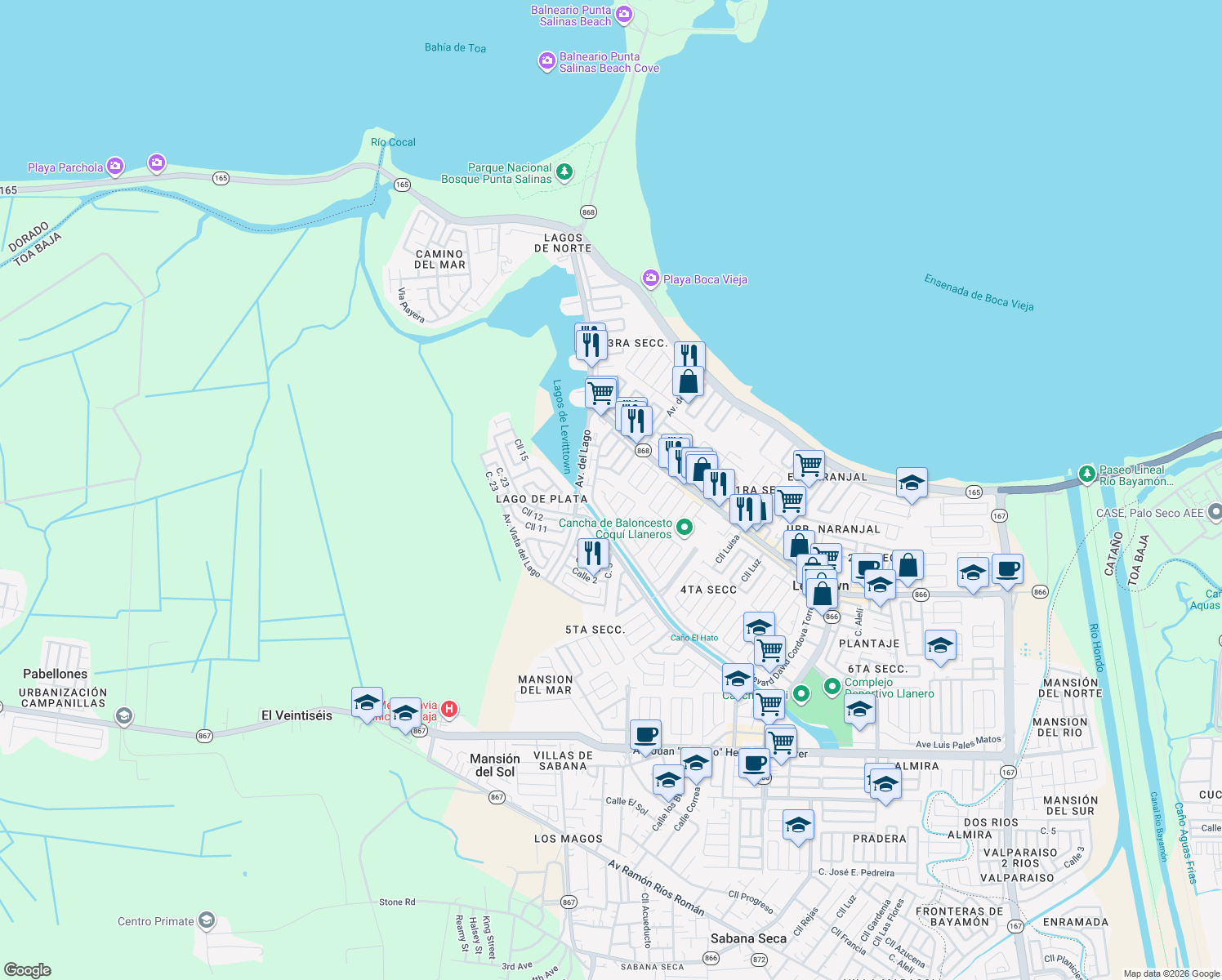 map of restaurants, bars, coffee shops, grocery stores, and more near Blvd Monroig in Toa Baja