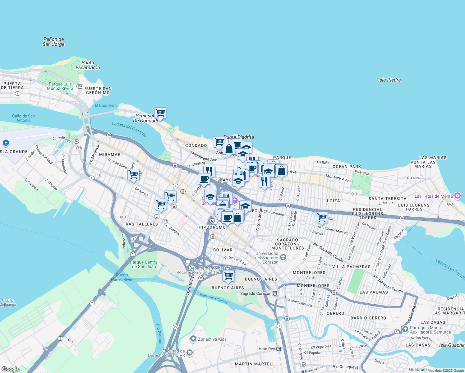 map of restaurants, bars, coffee shops, grocery stores, and more near 299 Avenida De Diego in San Juan