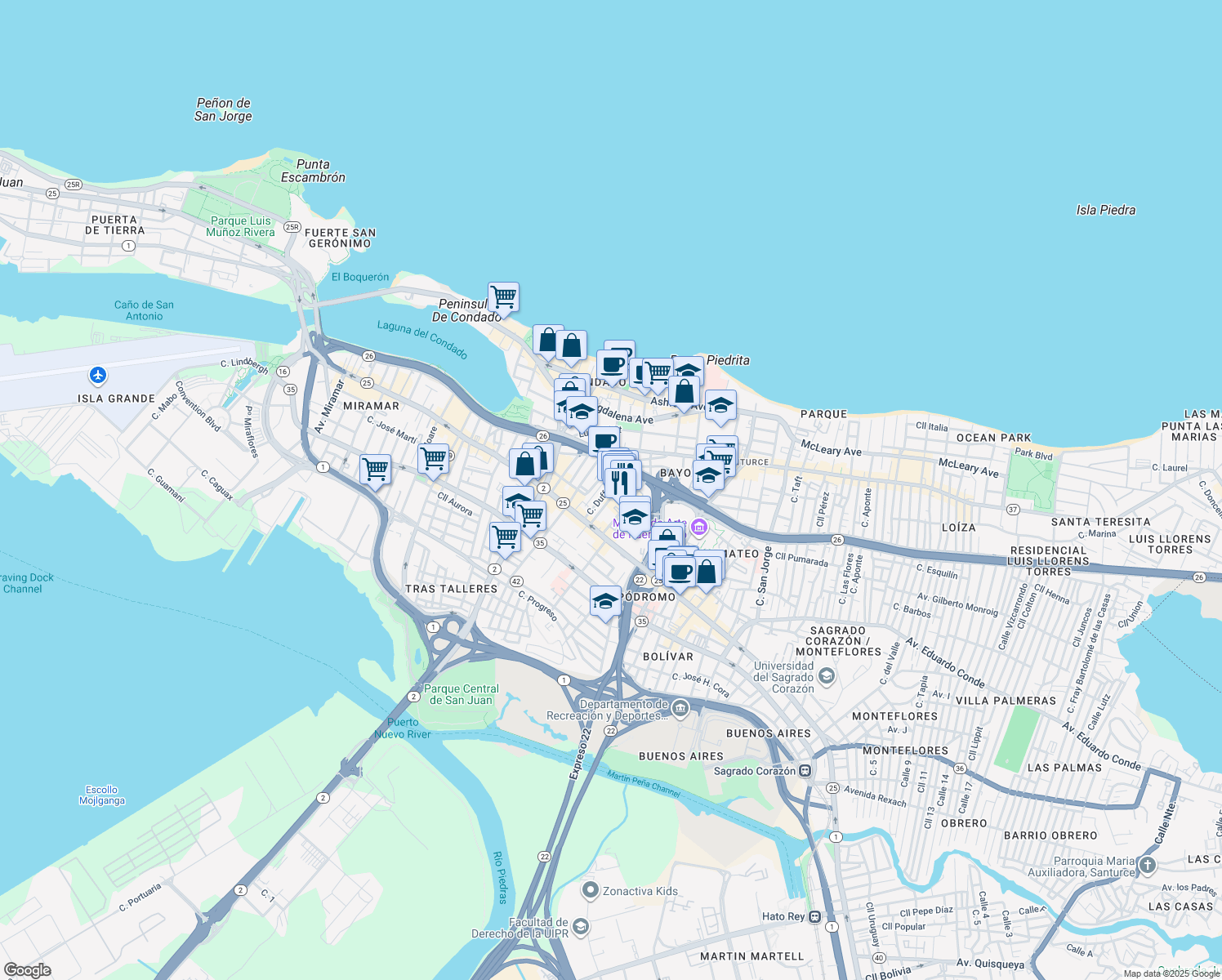 map of restaurants, bars, coffee shops, grocery stores, and more near in San Juan