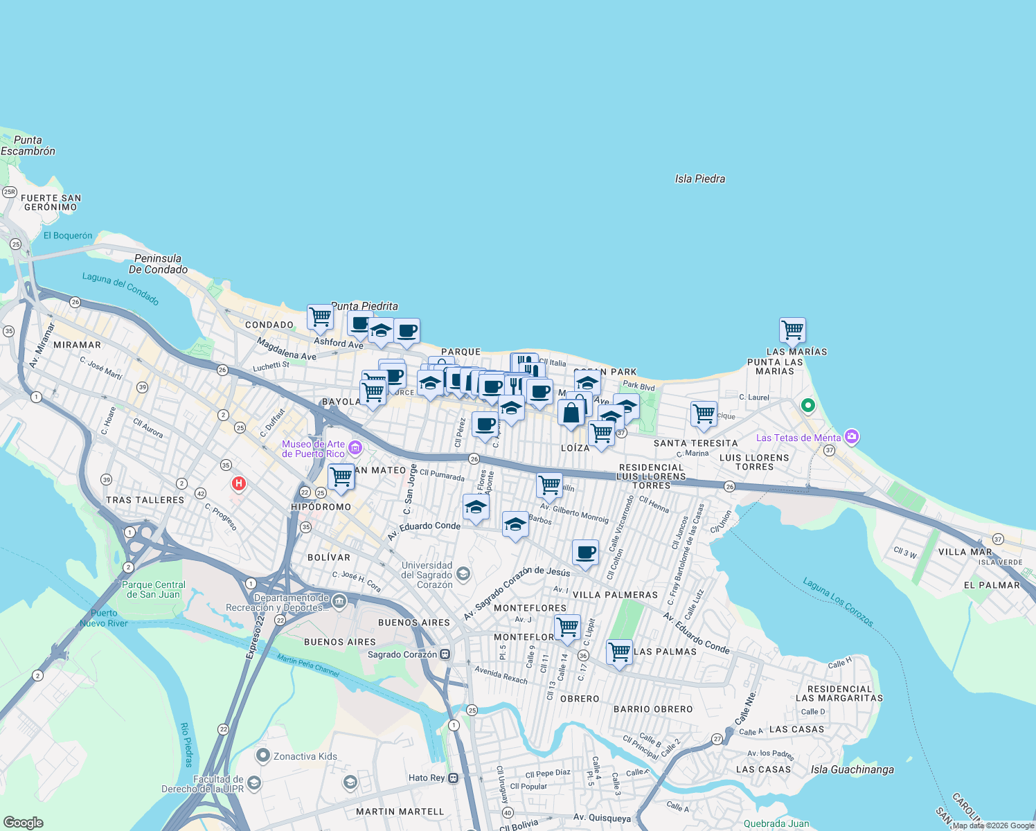 map of restaurants, bars, coffee shops, grocery stores, and more near in San Juan