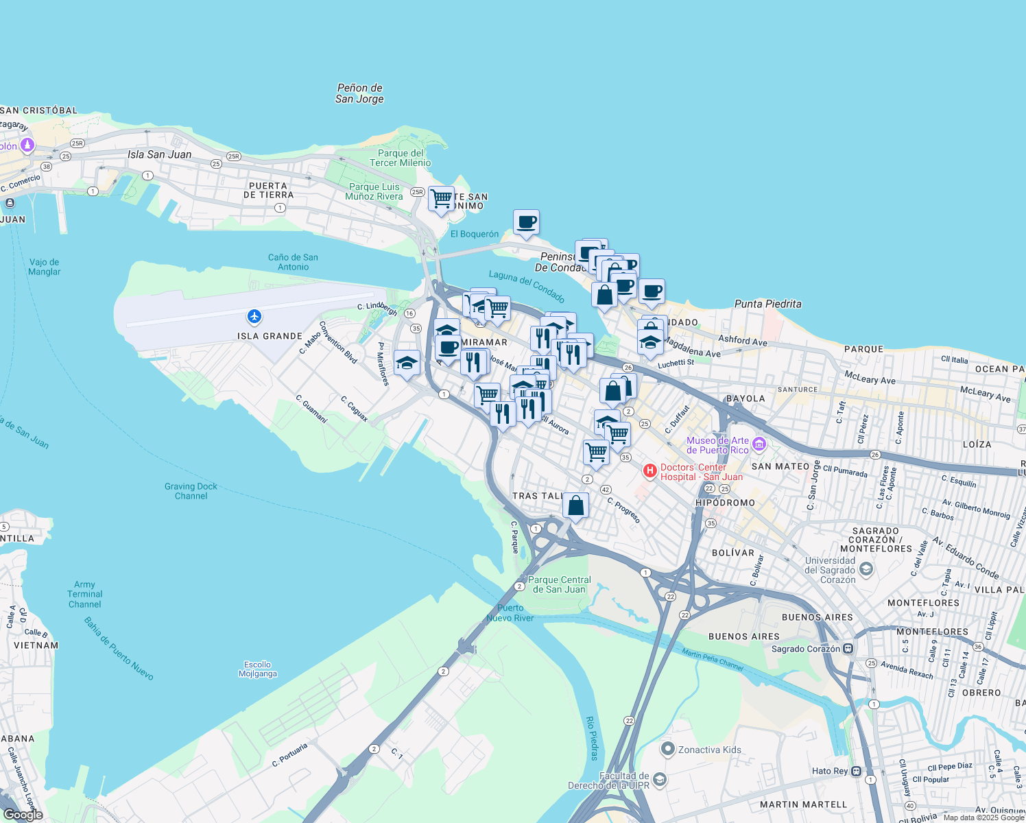 map of restaurants, bars, coffee shops, grocery stores, and more near 951-957 PR-35 in San Juan
