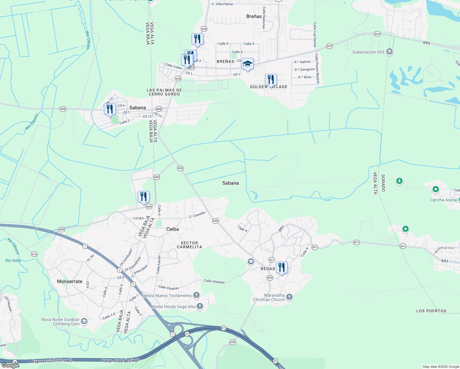 map of restaurants, bars, coffee shops, grocery stores, and more near in Sabana