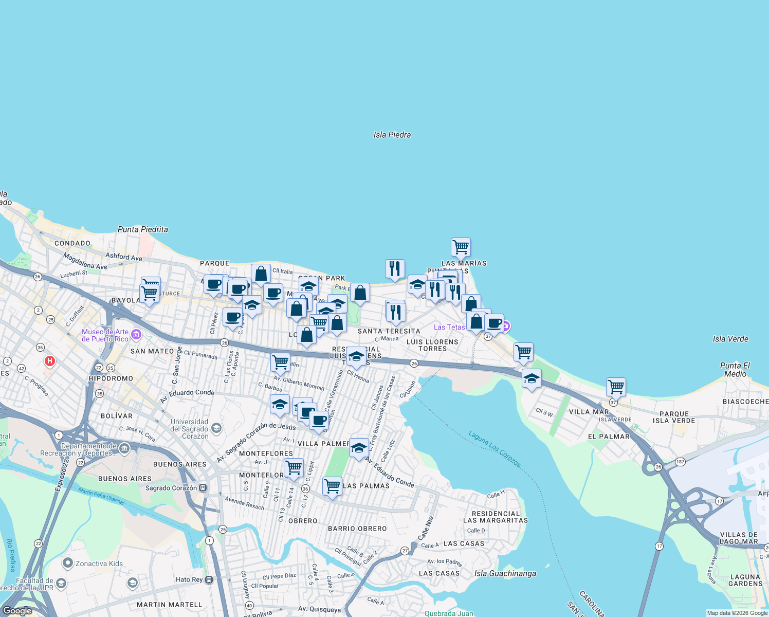 map of restaurants, bars, coffee shops, grocery stores, and more near 2200-2224 Calle General Patton in San Juan