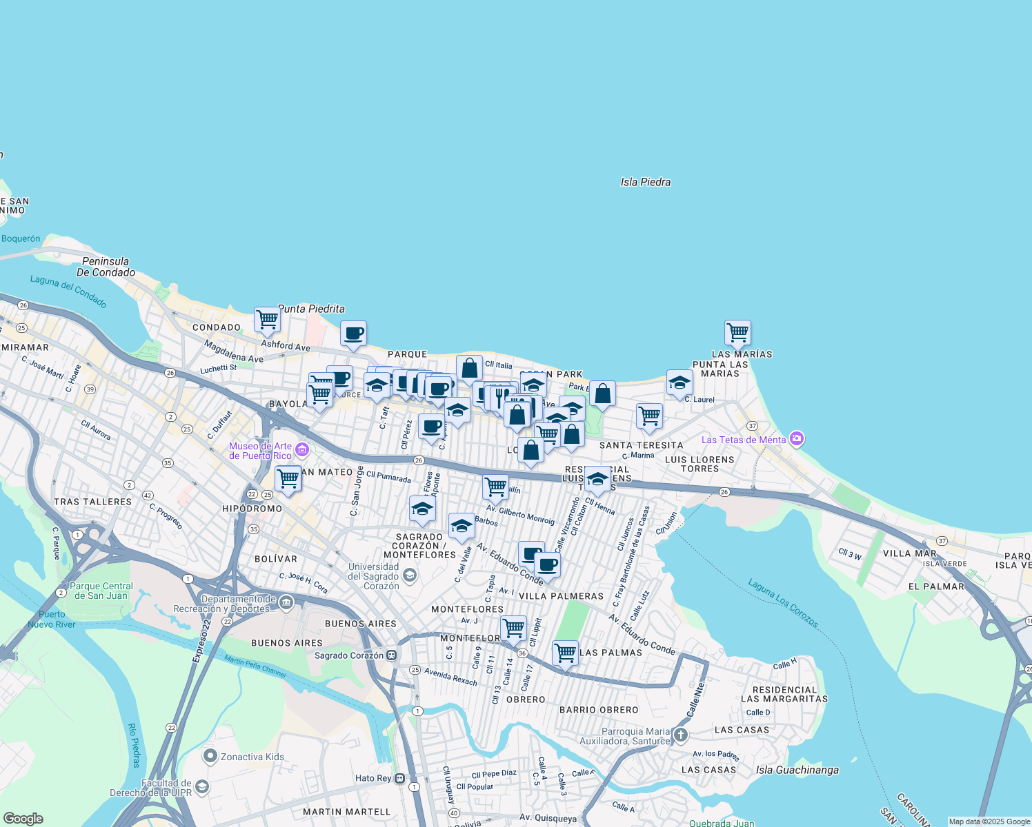 map of restaurants, bars, coffee shops, grocery stores, and more near Calle Santa Teresita in San Juan