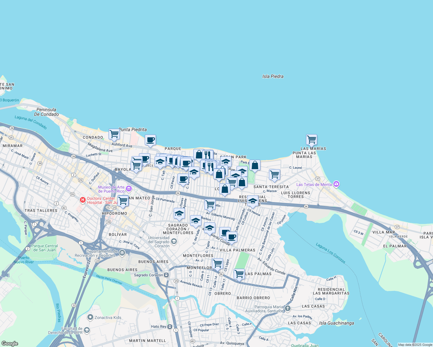 map of restaurants, bars, coffee shops, grocery stores, and more near 59 Calle Calma in San Juan
