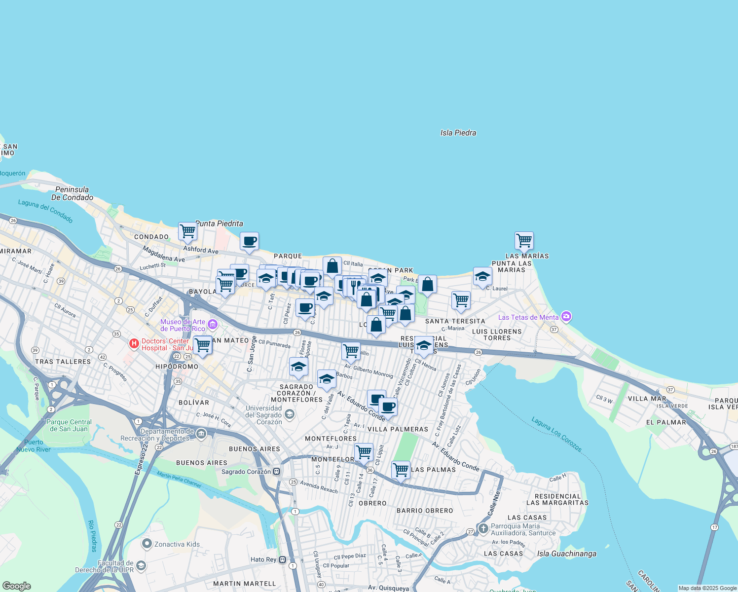 map of restaurants, bars, coffee shops, grocery stores, and more near Calle Santa Teresita in San Juan