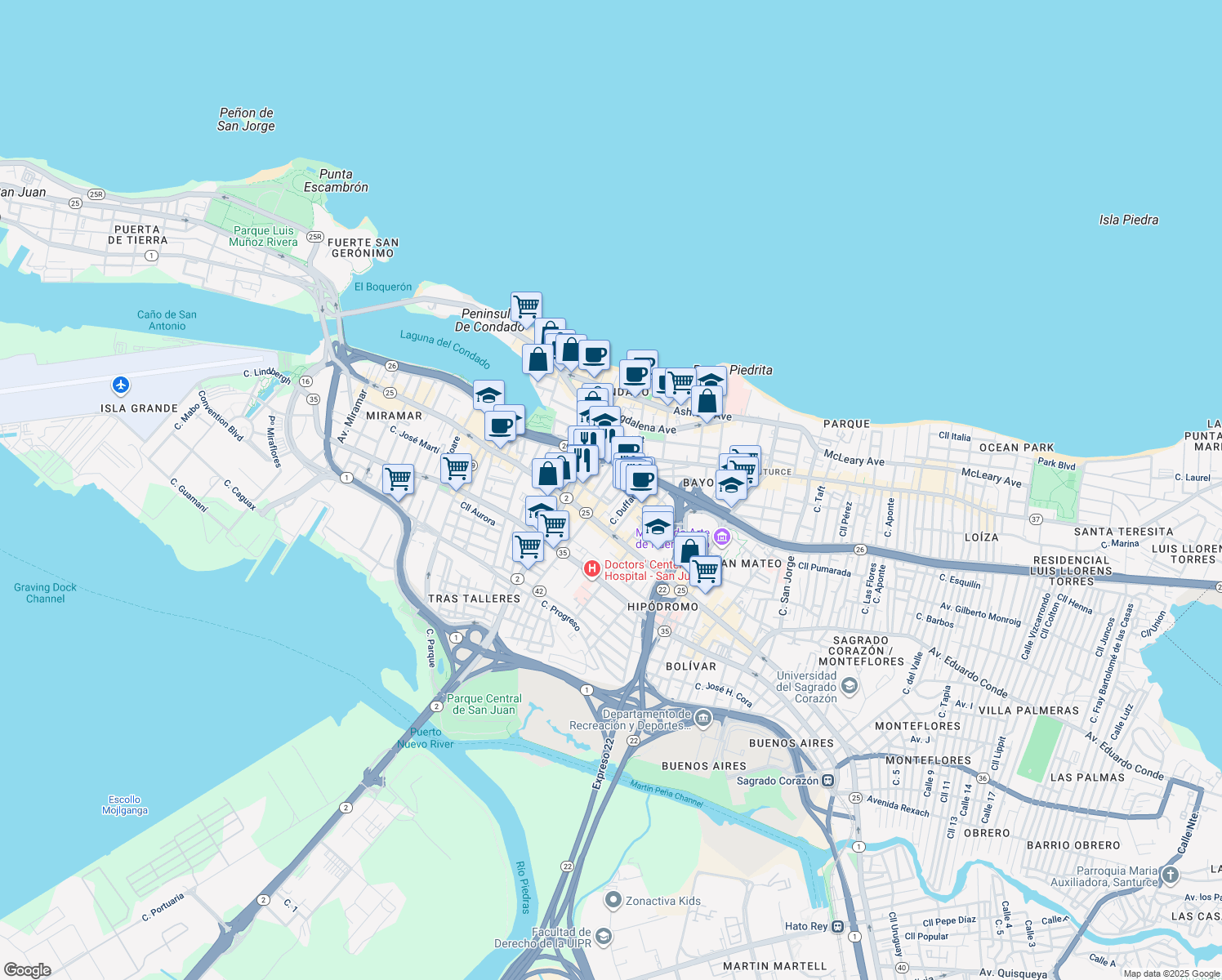 map of restaurants, bars, coffee shops, grocery stores, and more near in San Juan