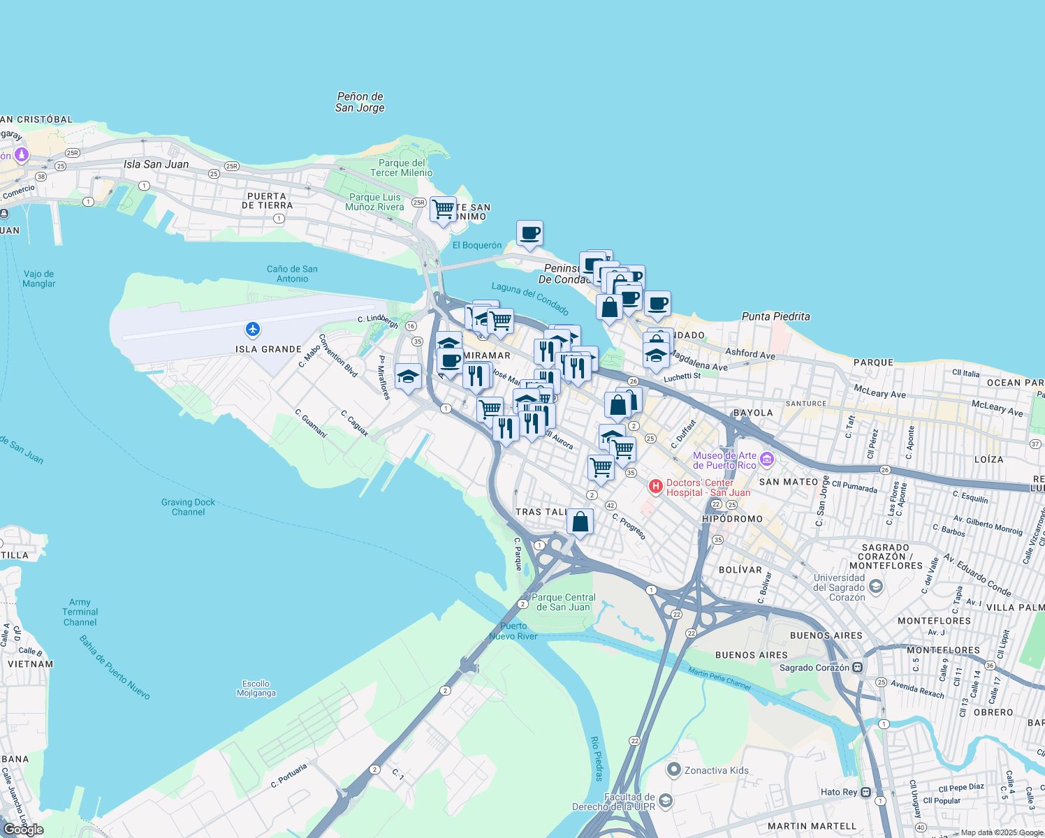 map of restaurants, bars, coffee shops, grocery stores, and more near 951-957 PR-35 in San Juan