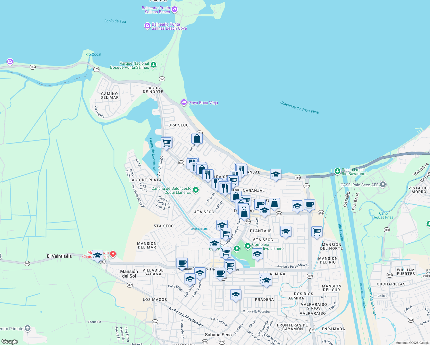 map of restaurants, bars, coffee shops, grocery stores, and more near 1354-1358 Paseo Duey in Toa Baja