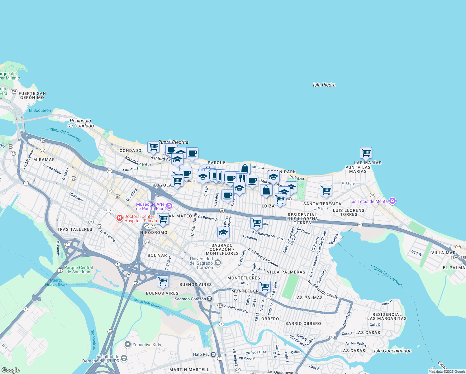 map of restaurants, bars, coffee shops, grocery stores, and more near in San Juan