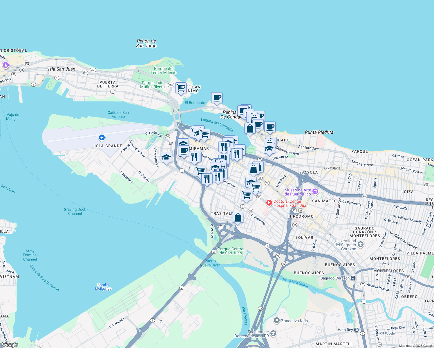 map of restaurants, bars, coffee shops, grocery stores, and more near Puerto Rico 35 in San Juan