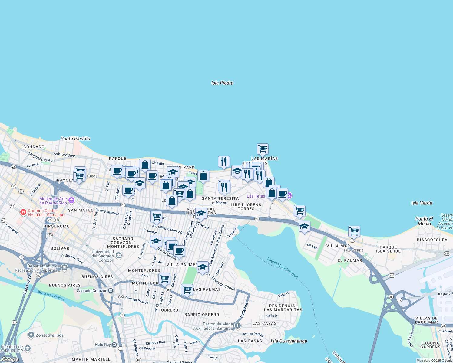 map of restaurants, bars, coffee shops, grocery stores, and more near 2200-2224 Calle General Patton in San Juan