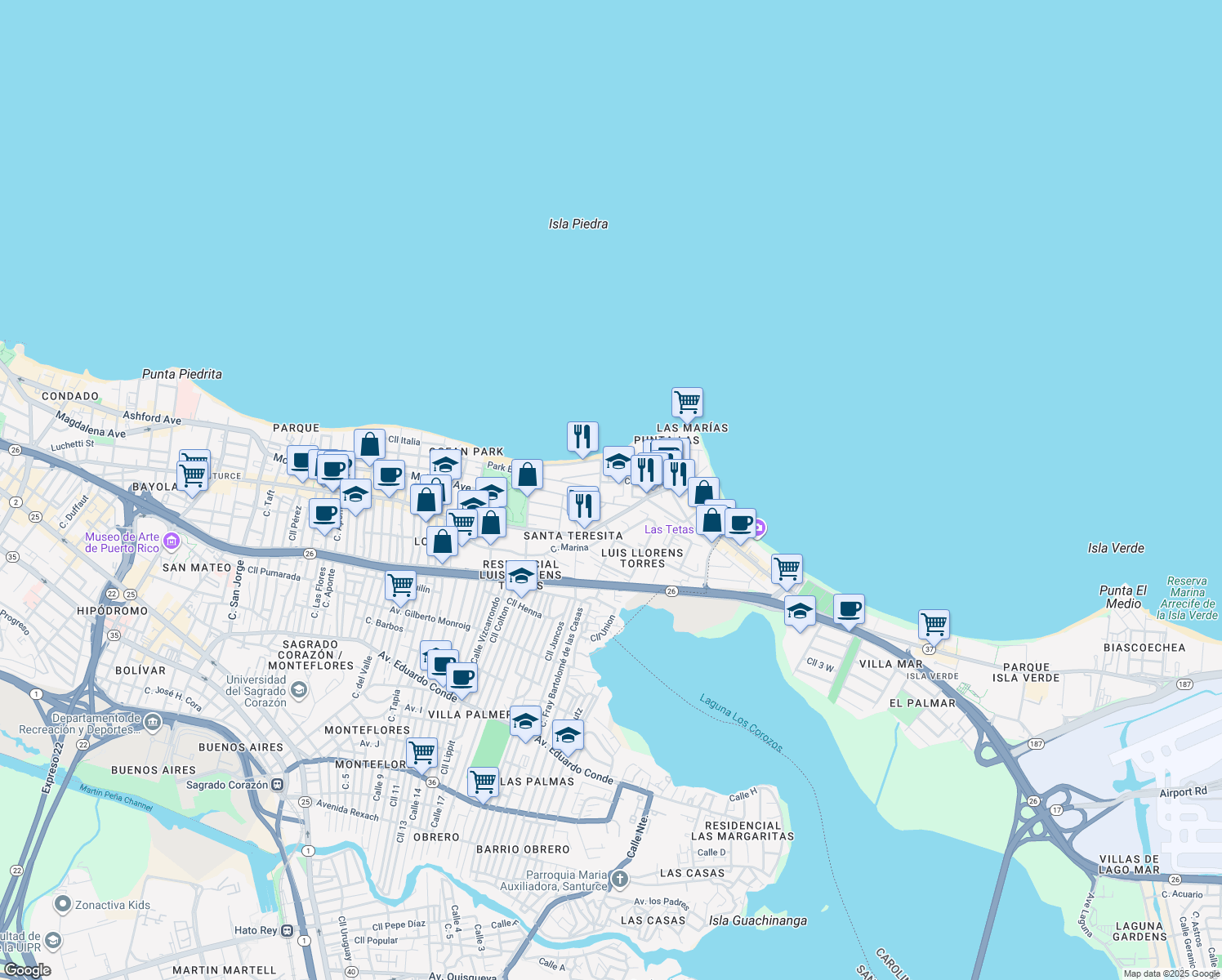 map of restaurants, bars, coffee shops, grocery stores, and more near 2306 Calle Laurel in San Juan