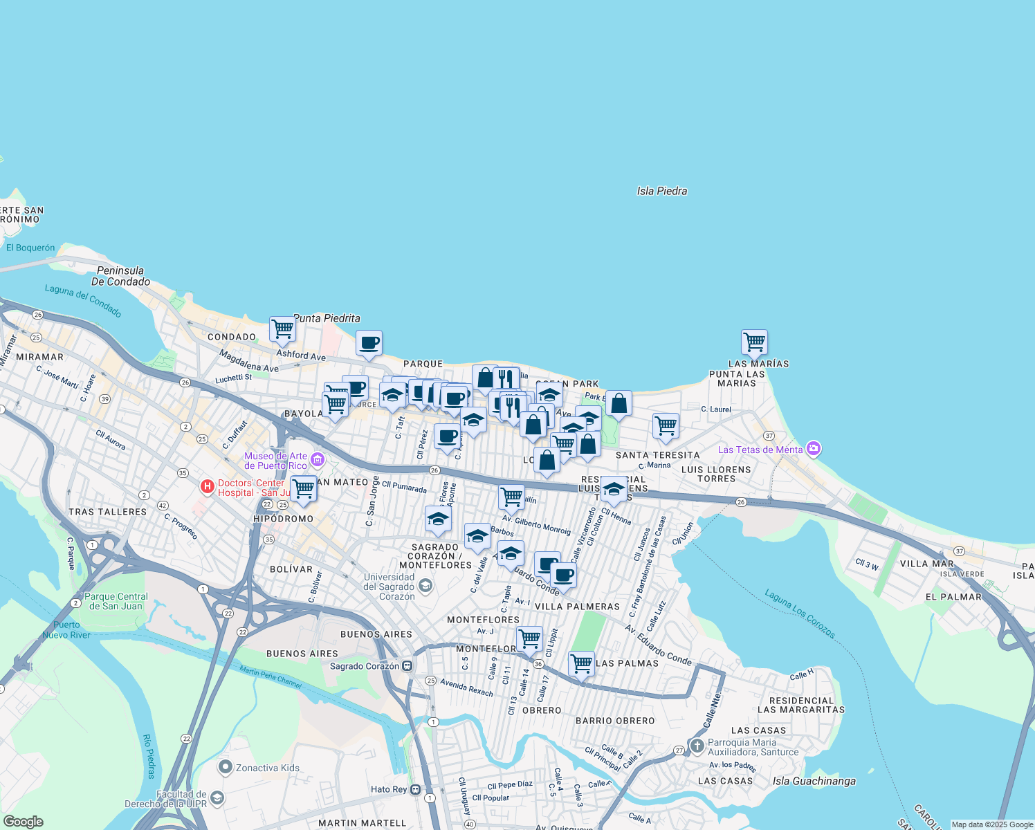 map of restaurants, bars, coffee shops, grocery stores, and more near 59 Calle Calma in San Juan