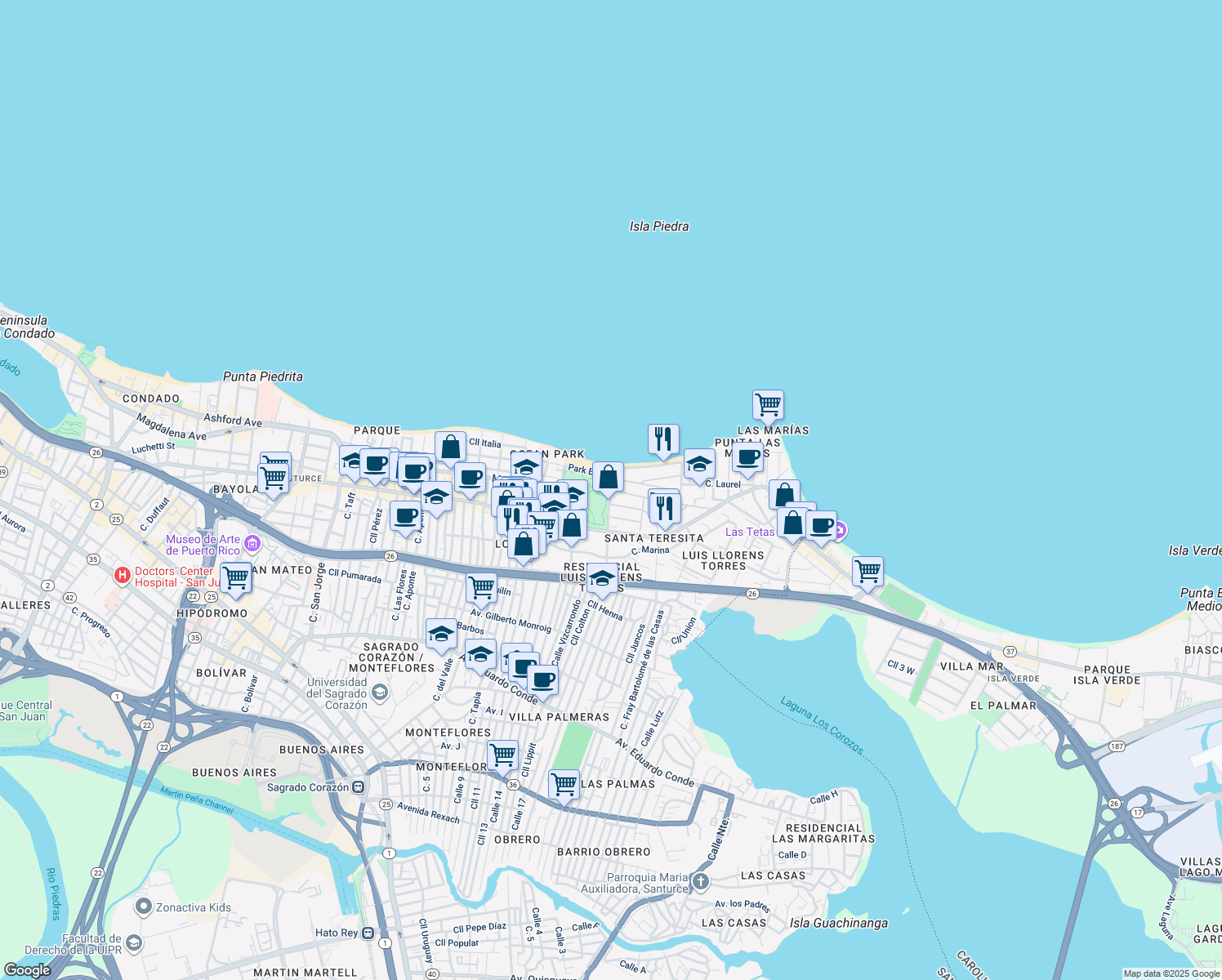 map of restaurants, bars, coffee shops, grocery stores, and more near 2153 Calle Cacique in San Juan
