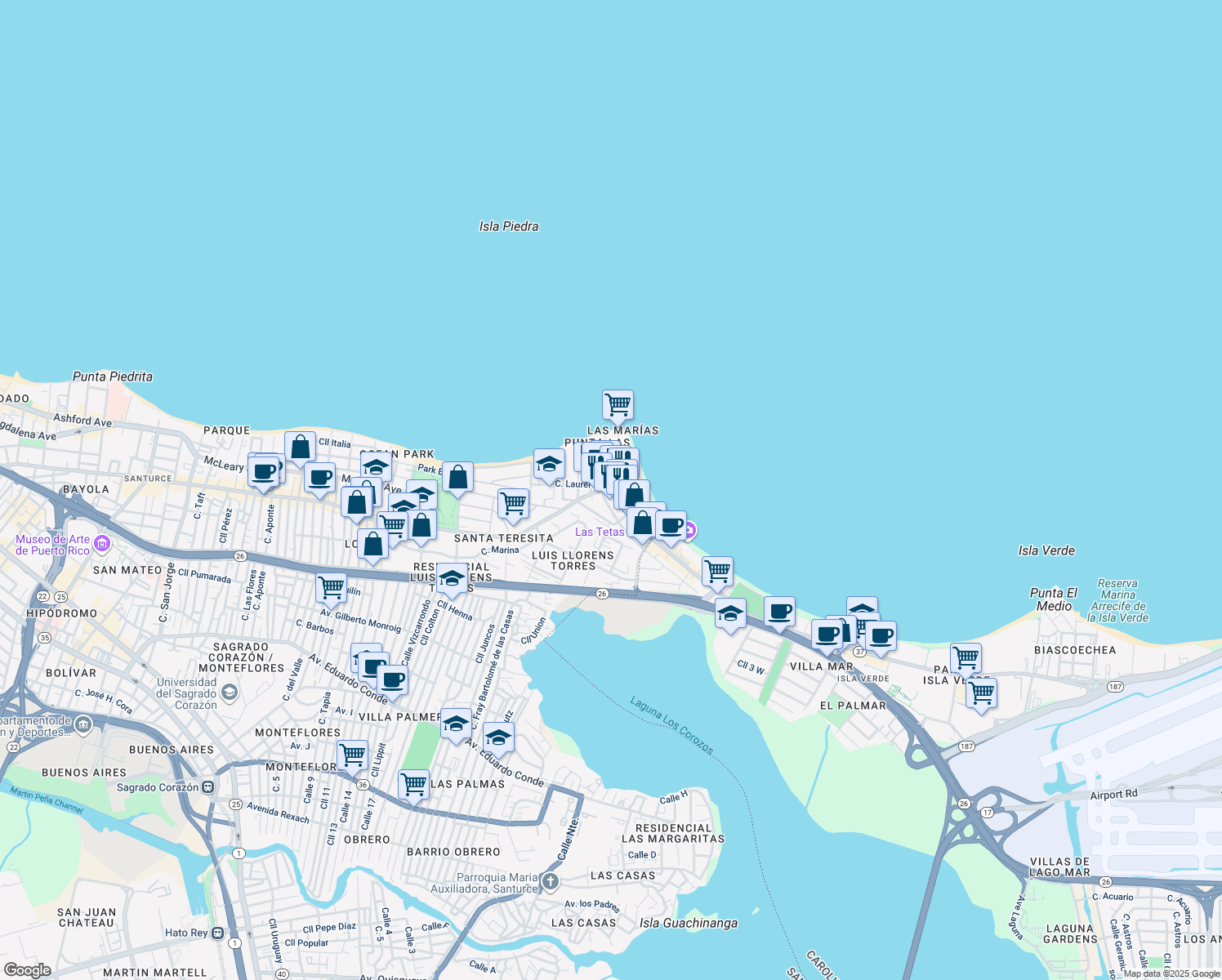 map of restaurants, bars, coffee shops, grocery stores, and more near 117 Calle Doncella in San Juan