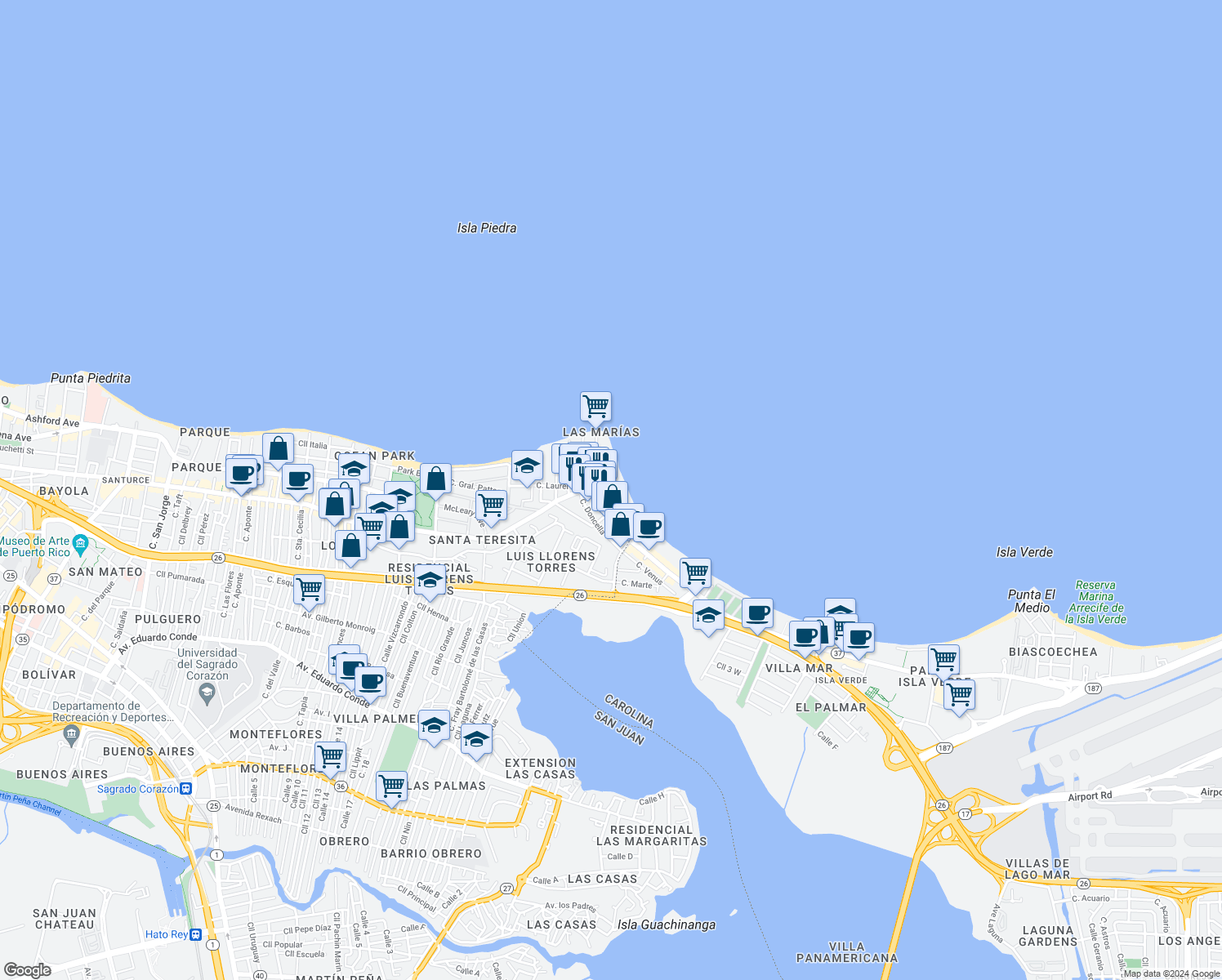 map of restaurants, bars, coffee shops, grocery stores, and more near 109-117 Calle Doncella in San Juan