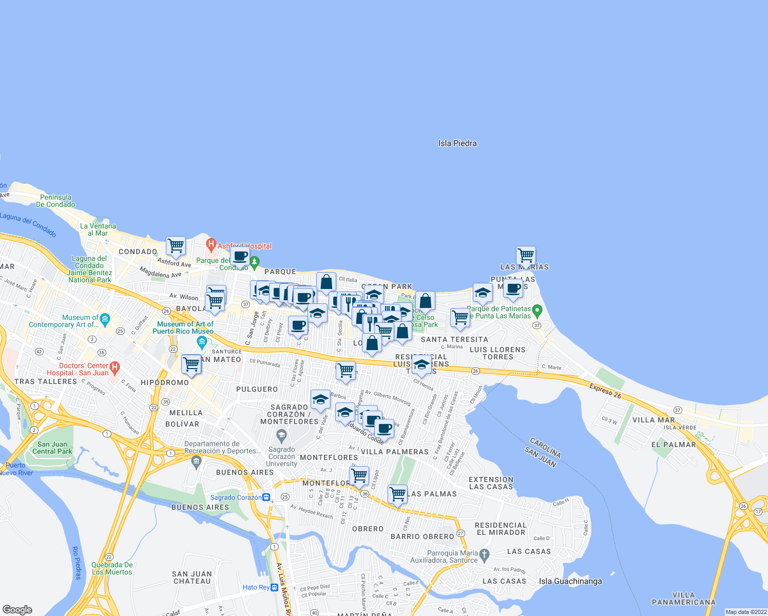 map of restaurants, bars, coffee shops, grocery stores, and more near 45 Calle Rampla Del Almirante in San Juan