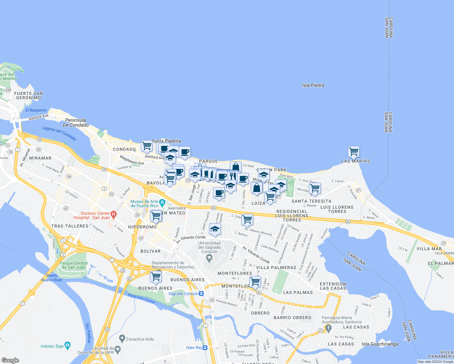 map of restaurants, bars, coffee shops, grocery stores, and more near in San Juan