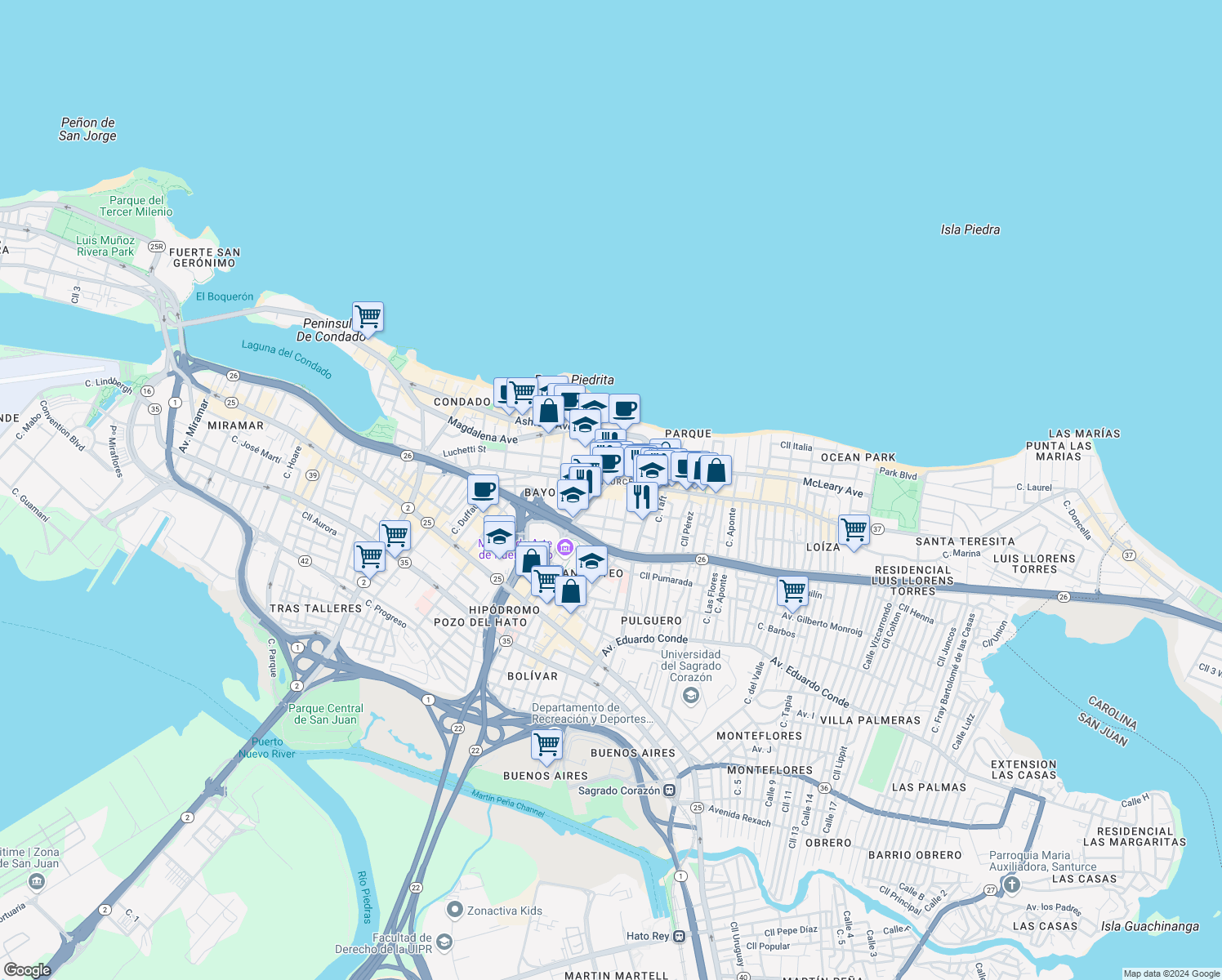 map of restaurants, bars, coffee shops, grocery stores, and more near in San Juan