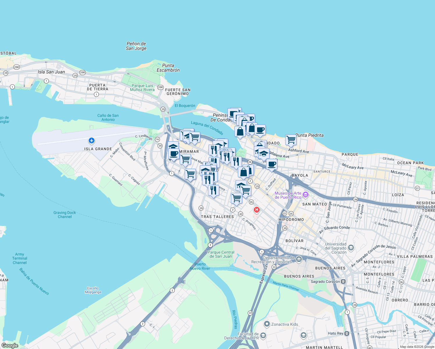map of restaurants, bars, coffee shops, grocery stores, and more near 608-630 Cll Ernesto Cerra in San Juan