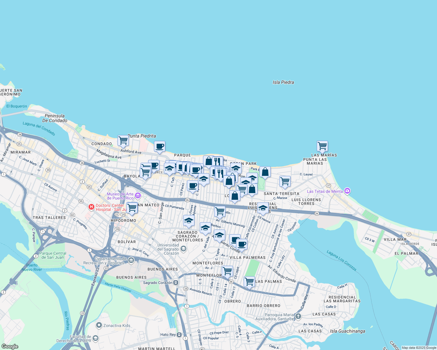 map of restaurants, bars, coffee shops, grocery stores, and more near 61 Calle Santa Cecilia in San Juan