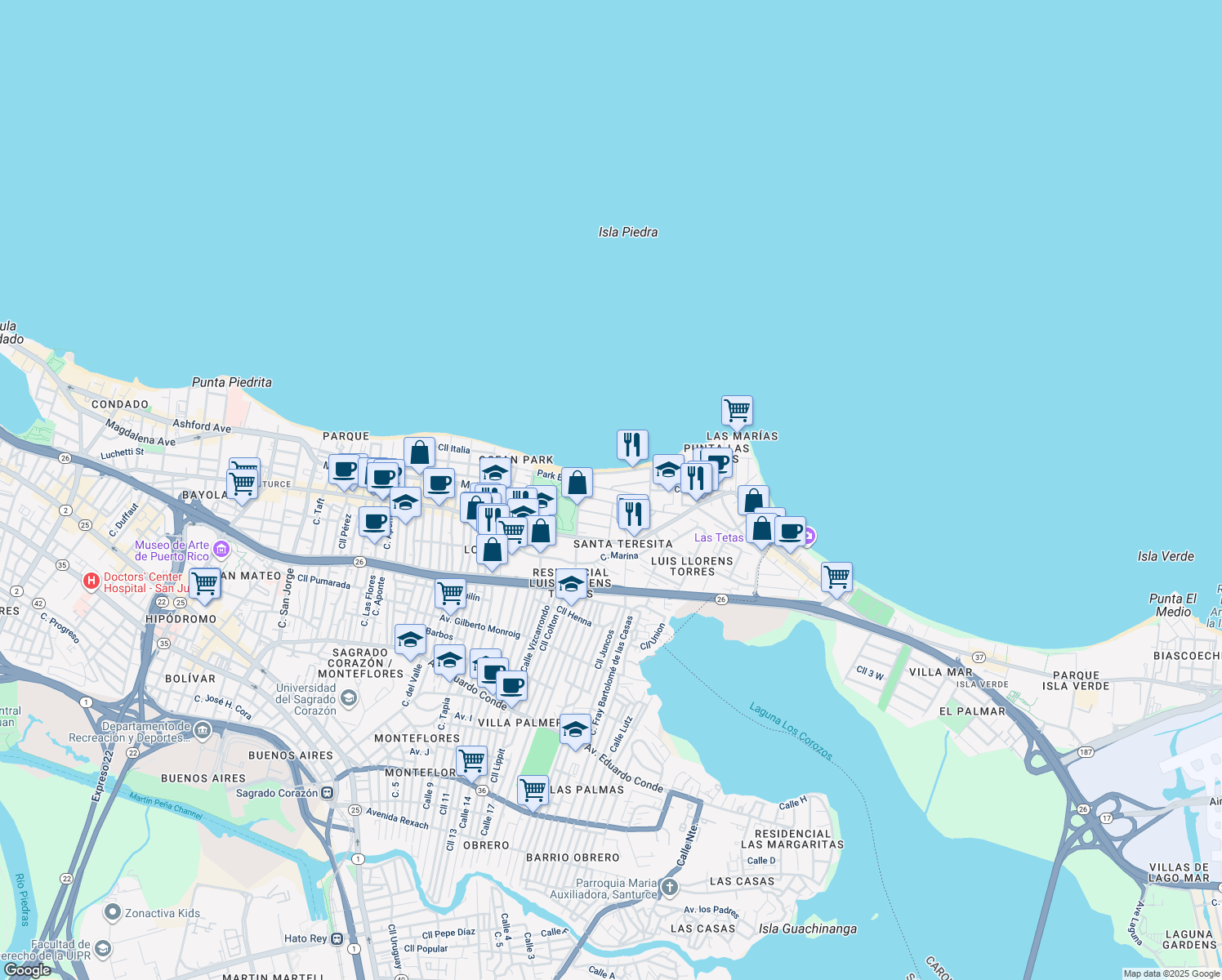 map of restaurants, bars, coffee shops, grocery stores, and more near 2153-2201 Calle Cacique in San Juan