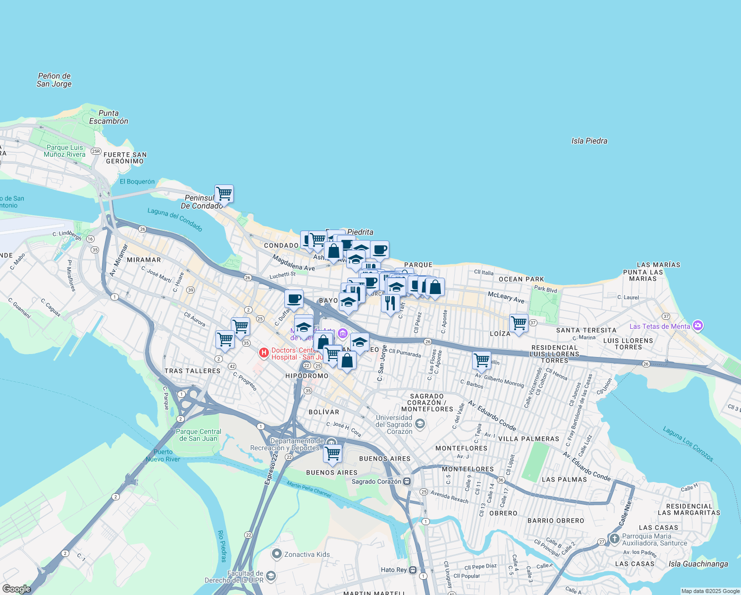 map of restaurants, bars, coffee shops, grocery stores, and more near in San Juan