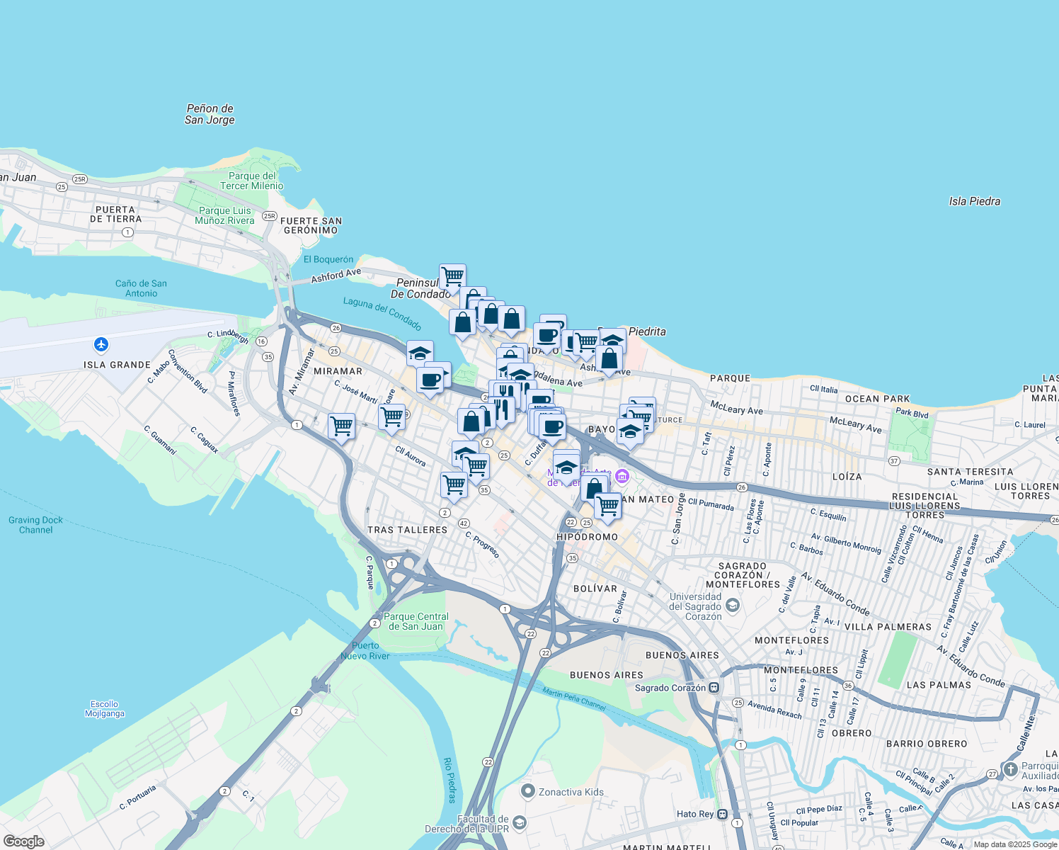 map of restaurants, bars, coffee shops, grocery stores, and more near in San Juan