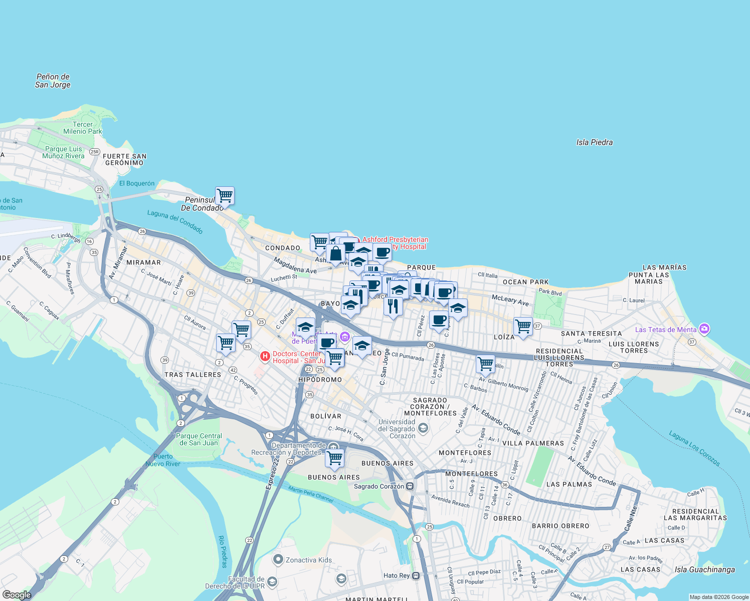 map of restaurants, bars, coffee shops, grocery stores, and more near 107-115 Calle Del Parque in San Juan