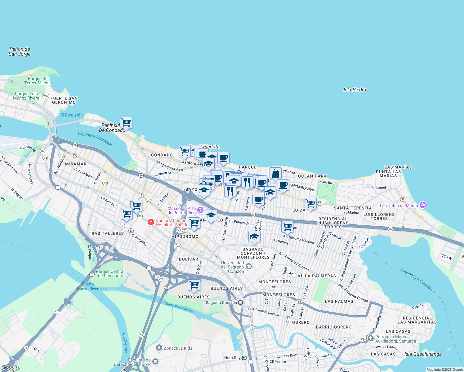 map of restaurants, bars, coffee shops, grocery stores, and more near 1702-1706 Puerto Rico 37 in San Juan