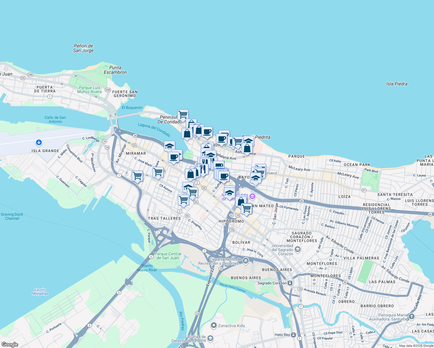 map of restaurants, bars, coffee shops, grocery stores, and more near in San Juan