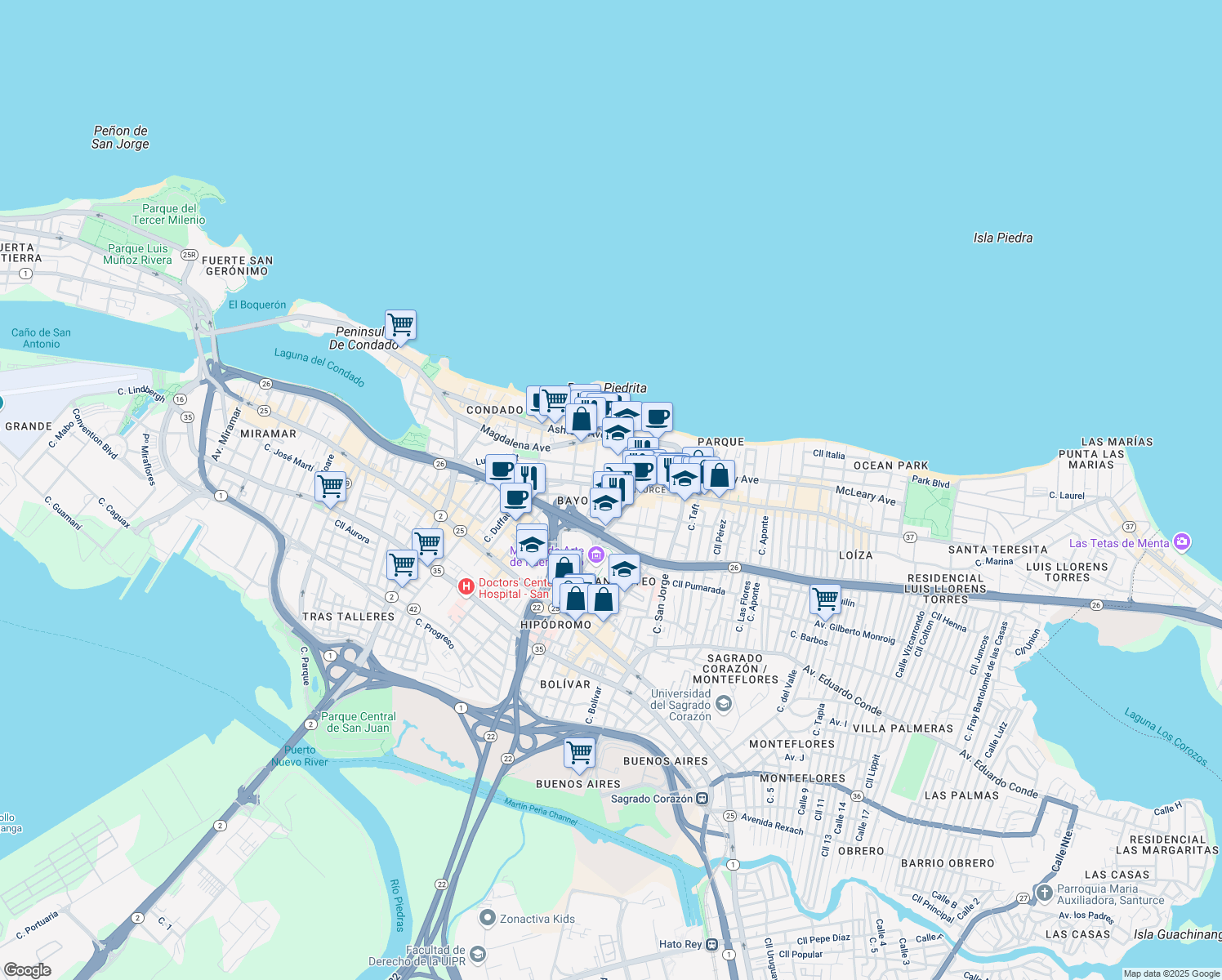 map of restaurants, bars, coffee shops, grocery stores, and more near in San Juan