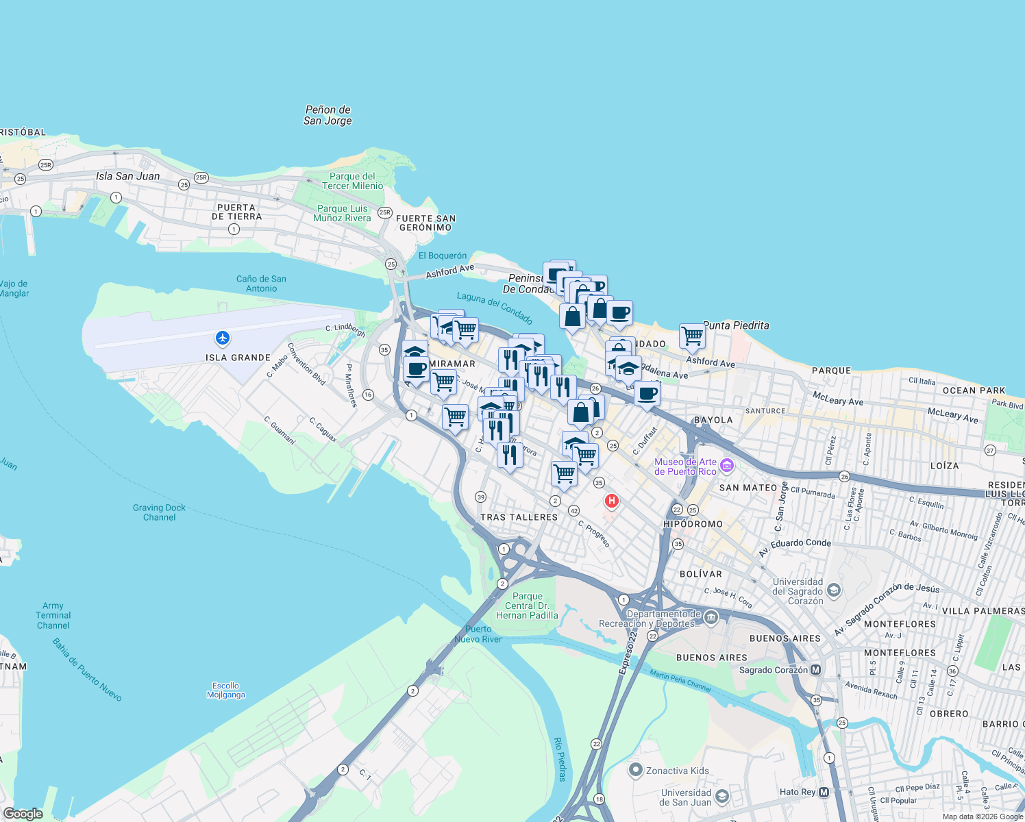map of restaurants, bars, coffee shops, grocery stores, and more near 608-630 Cll Ernesto Cerra in San Juan