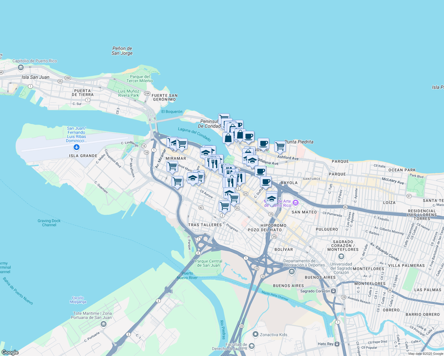 map of restaurants, bars, coffee shops, grocery stores, and more near 1064 Avenida de la Constitución in San Juan