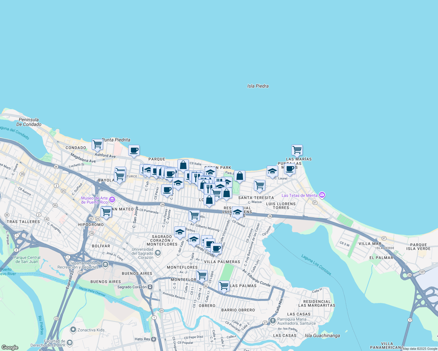 map of restaurants, bars, coffee shops, grocery stores, and more near 45-57 Calle Rampla Del Almirante in San Juan