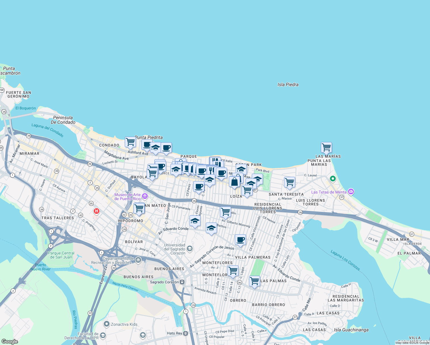 map of restaurants, bars, coffee shops, grocery stores, and more near in San Juan