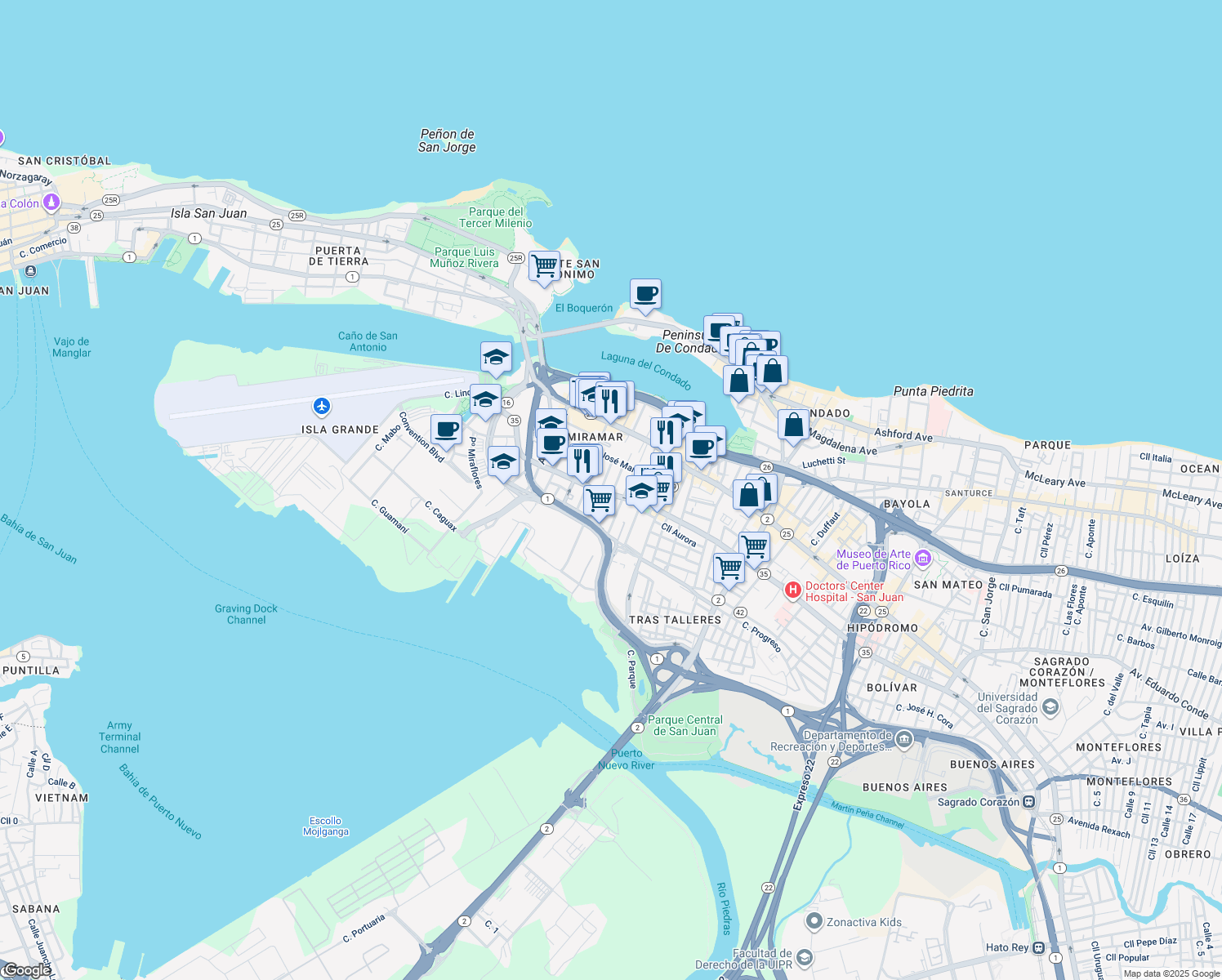 map of restaurants, bars, coffee shops, grocery stores, and more near Puerto Rico 35 in San Juan