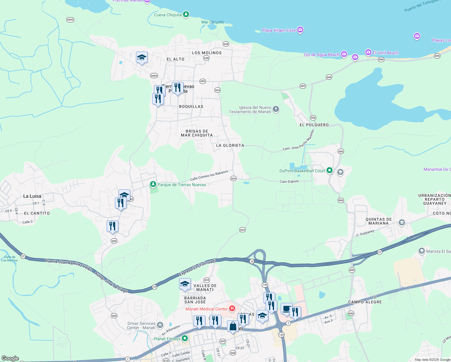 map of restaurants, bars, coffee shops, grocery stores, and more near Puerto Rico 604 in Manatí